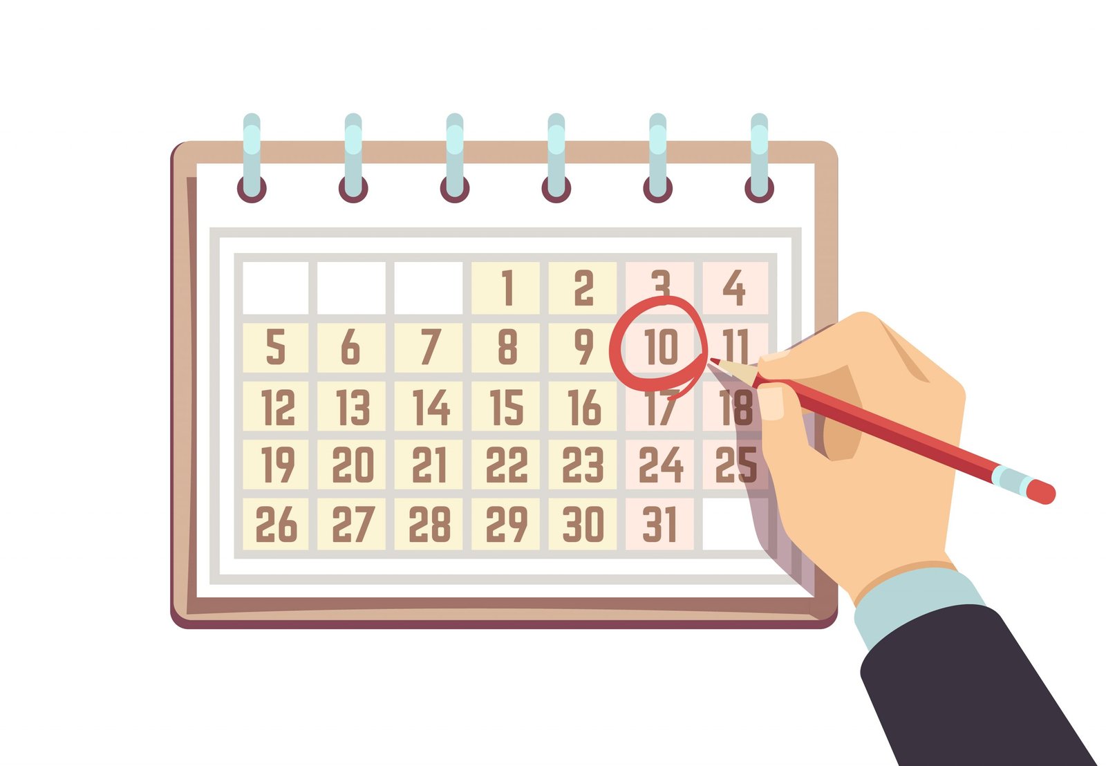 Hand with pen marks date in calendar. Deadline and important events vector concept. Illustration of date day, deadline and appointment